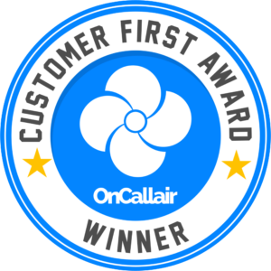 Logo of the OnCall Air Customer First Award Winner, symbolizing recognition for innovative HVAC businesses
