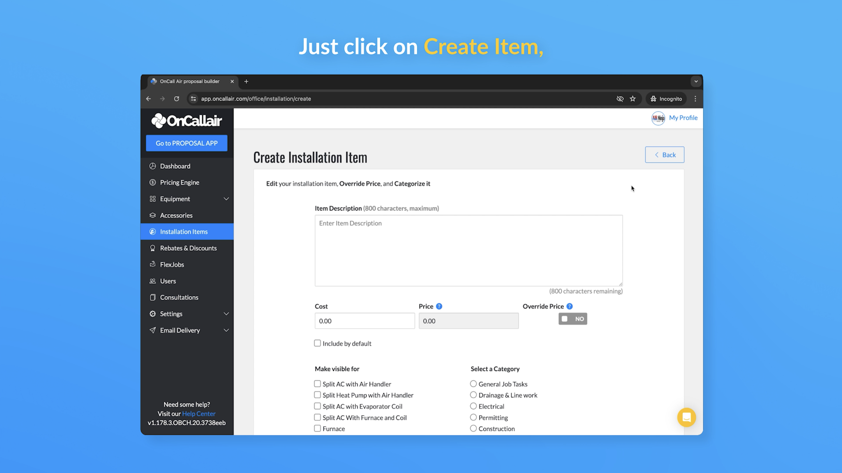 Create installation item