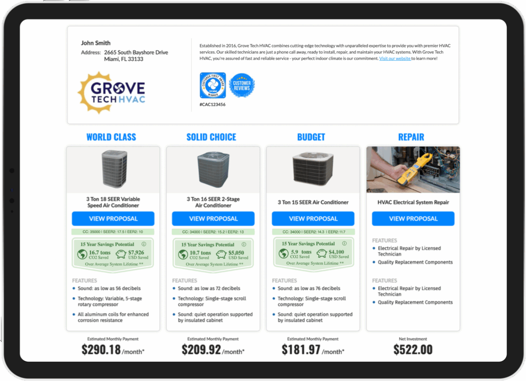 OnCall Air proposal mock‑up displaying four HVAC options—World Class, Solid Choice, Budget, and Repair. Each tier shows an Energy‑Efficiency Tag (E‑Tag), SEER rating (or repair type), a “View Proposal” CTA button, and a monthly financing estimate. The header contains the customer’s name and address, the HVAC company logo, a short company description, and two award logos (Customer Reviews and the OnCall Air Customer First Award).