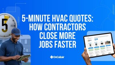 HVAC salesperson building a 5-minute quote in OnCall Air showing four proposal options alongside a 5-minute countdown timer