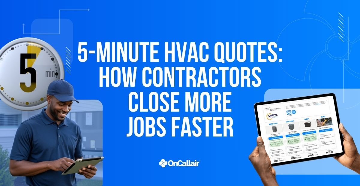 HVAC salesperson building a 5-minute quote in OnCall Air showing four proposal options alongside a 5-minute countdown timer