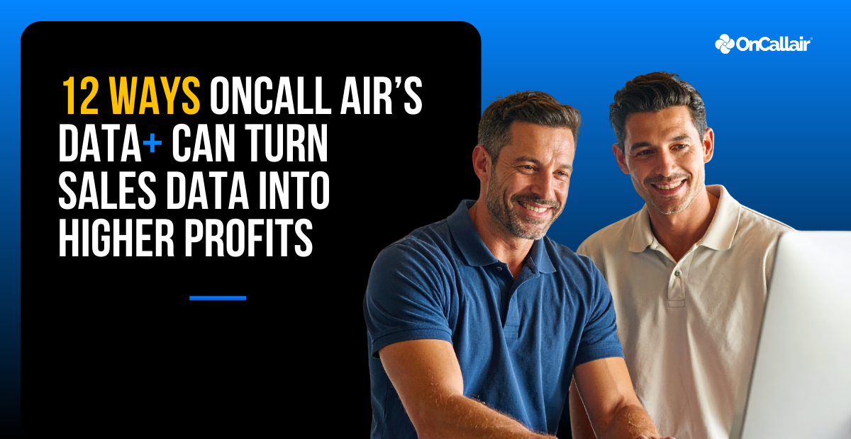 Two HVAC professionals reviewing a Data+ graph on a tablet, discussing sales insights and strategies to increase revenue and margins.