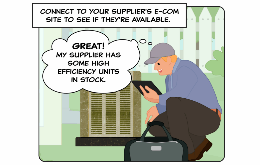 HVAC contractor standing beside a homeowner’s system, looking out while using a tablet to research compatible high‑efficiency units. The tablet shows OnCall Air’s e‑commerce interface connected to a Watsco distributor, displaying real‑time inventory so the contractor can create a proposal on‑site in under five minutes.