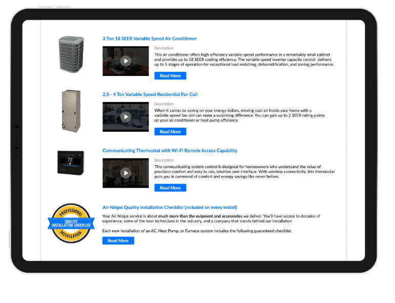OnCall Air product‑info mock‑up showing three rich‑media cards: 3‑ton 18 SEER variable‑speed air conditioner, 2.5‑4 ton variable‑speed fan coil, and a Wi‑Fi‑enabled communicating thermostat. Each card includes a photo, a play‑button video, a brief description, and a “Read more” CTA