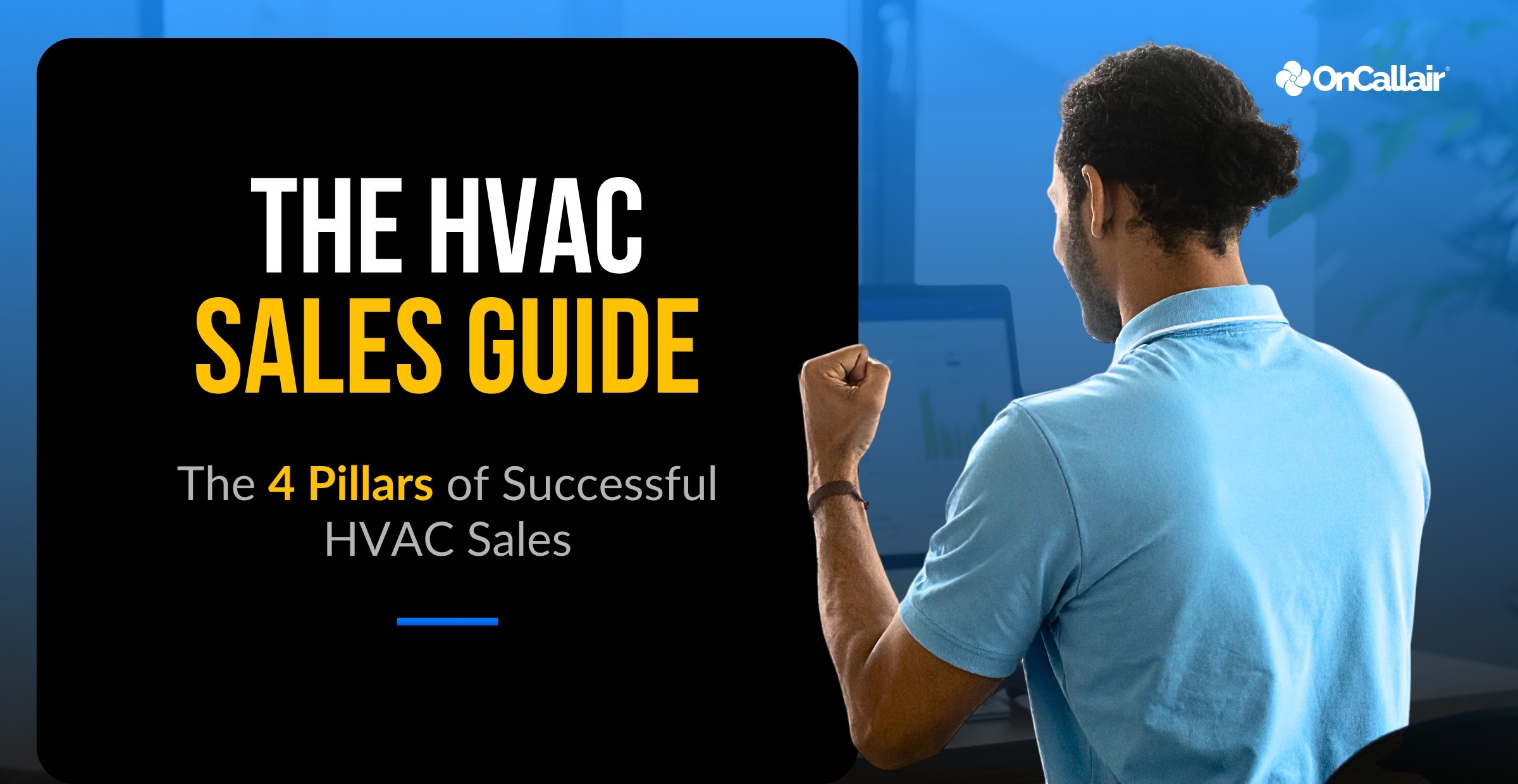 HVAC contractor with fist raised in triumph, back to the viewer, looking at a computer screen that displays rising sales‑performance charts. The image conveys a feeling of winning and serves as a stand‑in for any contractor reading the guide
