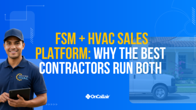 HVAC technician with tablet standing beside his service van parked in front of a residential home, ready to meet the homeowner.