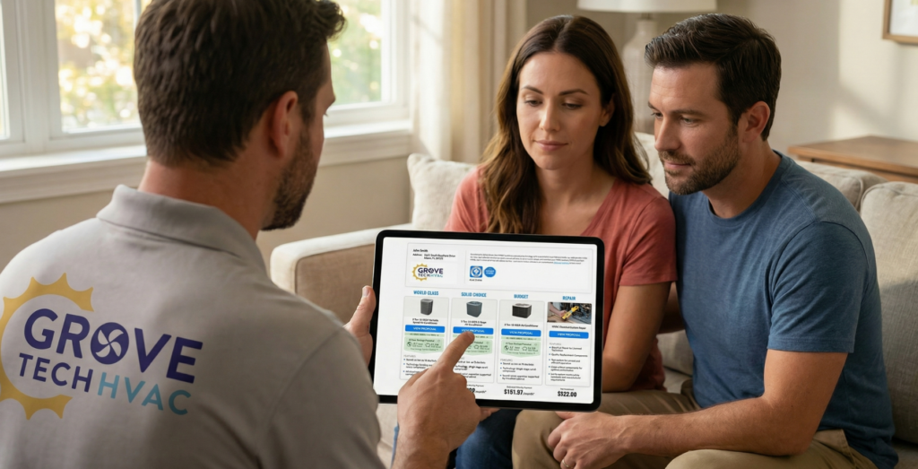 A homeowner couple sits on a couch across from an HVAC salesperson holding a tablet displaying a Groce Tech HVAC proposal on OnCall Air, showing four equipment options — World Class, Solid Choice, Budget, and Repair — each with financing, energy savings, and a view proposal link.