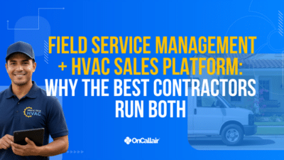 HVAC technician with tablet standing beside his service van parked in front of a residential home, ready to meet the homeowner.